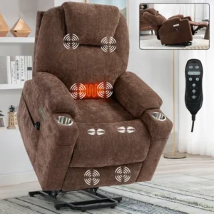 Up to 350 LBS Chenille Power Lift Recliner Chair, Heavy Duty Motion Mechanism with 8-Point Vibration Massage and Lumbar Heating, USB and Type-C Ports, Stainless Steel Cup Holders, Brown